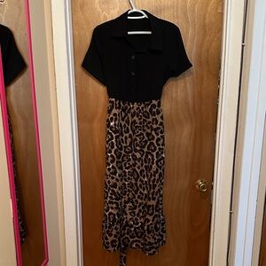 SHEIN Black and Leopard Print Midi Dress